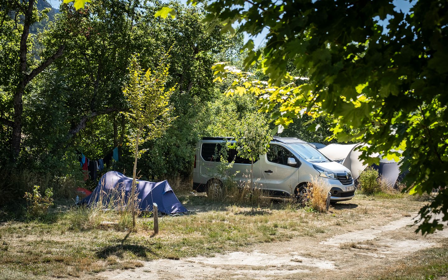 Sur cette image, on voit un camping en pleine nature, entouré d'arbres et de végétation. Il y a une petite tente bleue i